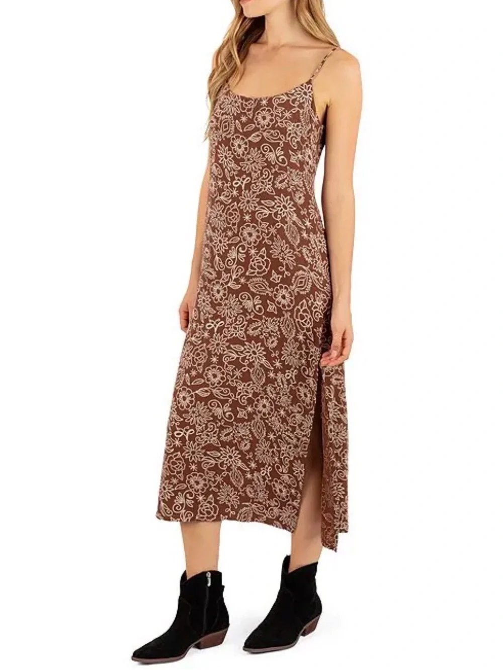 Brown Floral Slip Midi Dress - Women